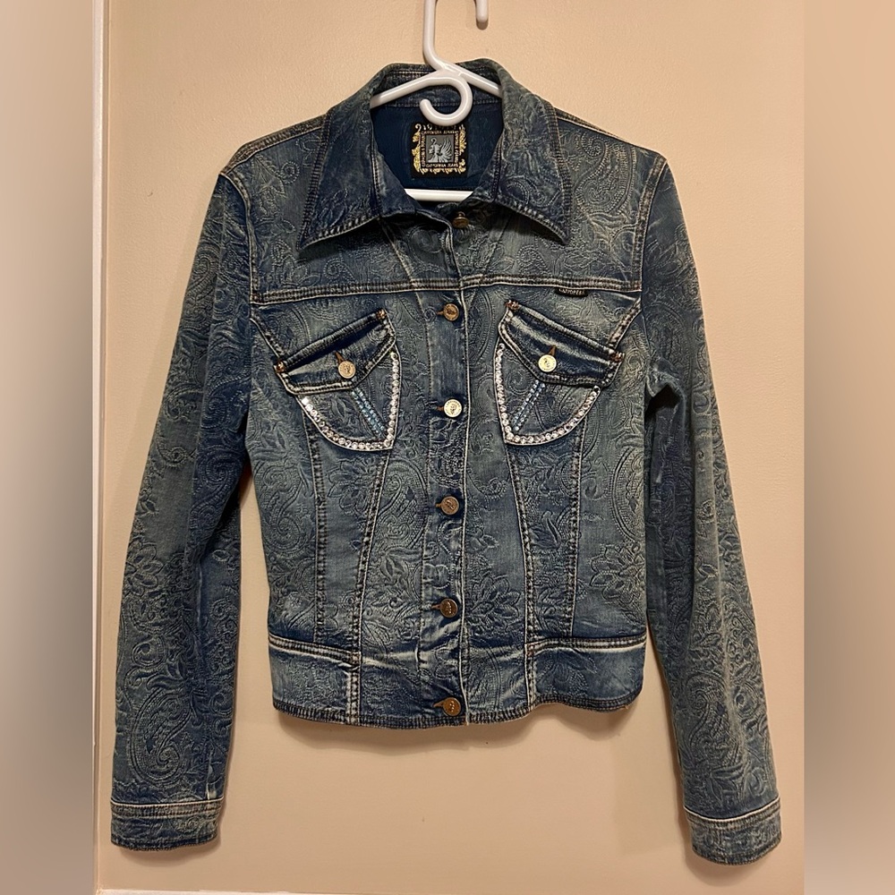 Vintage Embossed Denim Jacket with Rhinestones